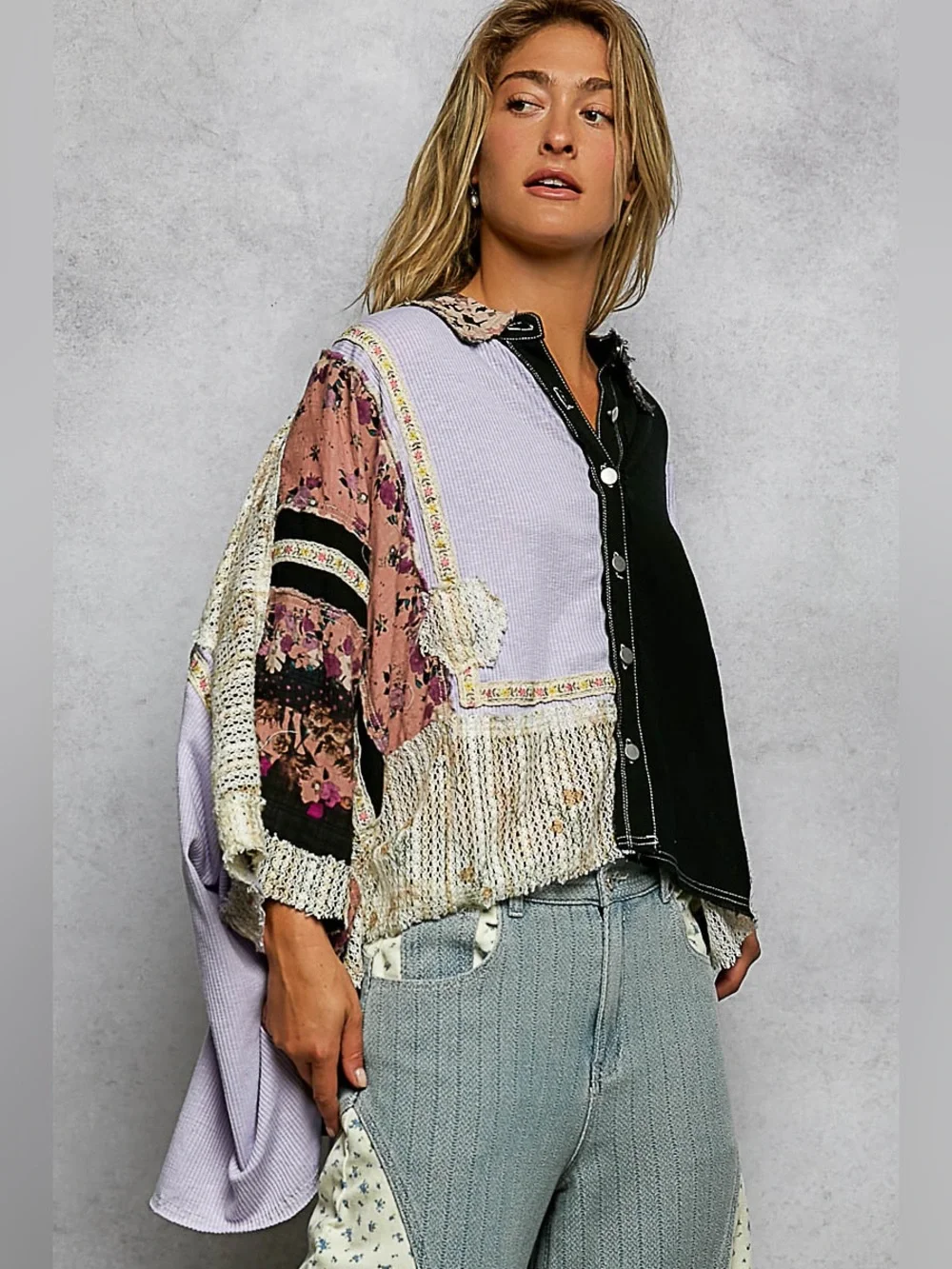 POL “ Topanga Hideaway “ Poncho Patchwork Cotton Oversized Top | Lilac / Black - Picture 7 of 9